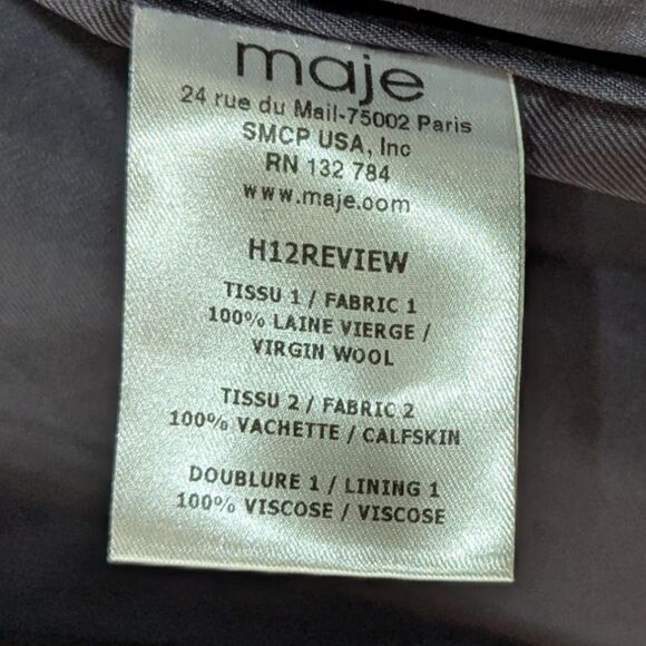 Maje Leather Collar Trim Coat Women's S EU 36 Wool & Calf Skin in Navy & Black - Picture 11 of 12